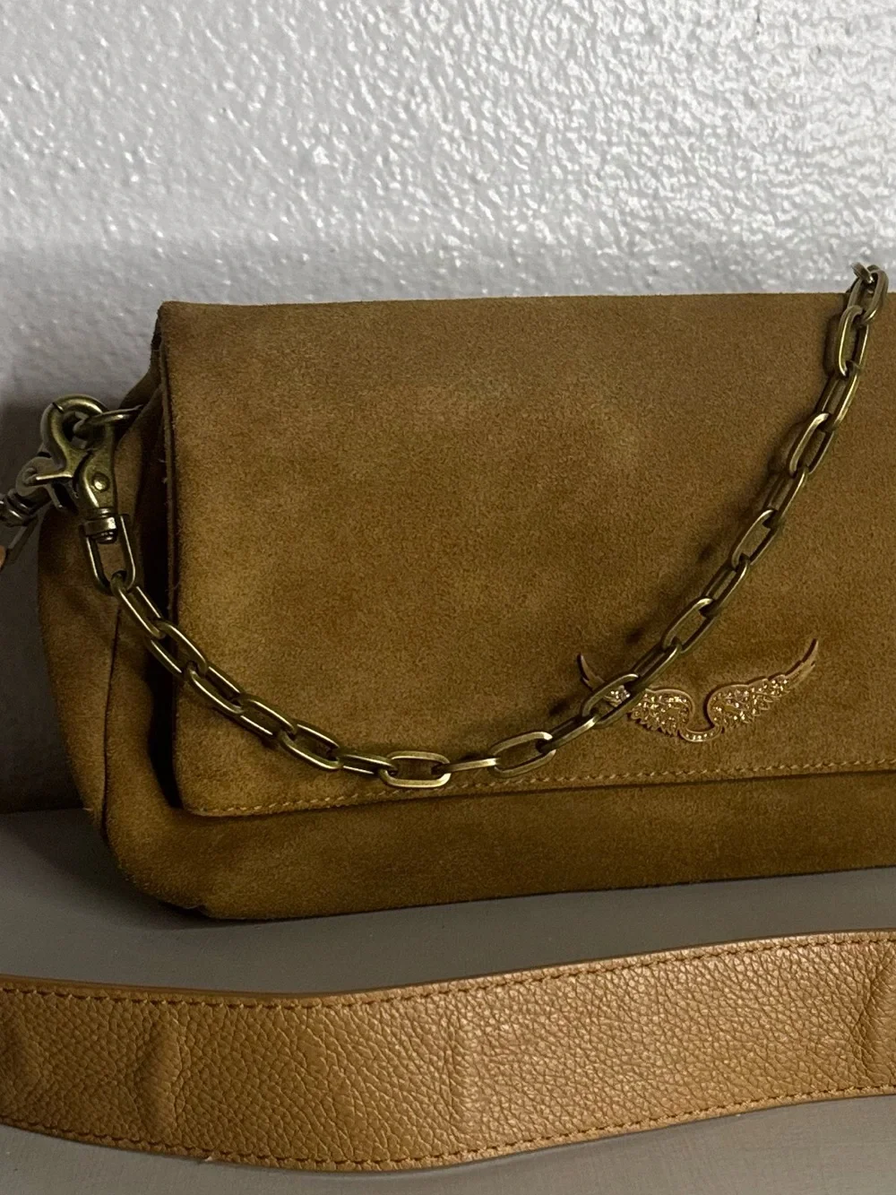 Zadig & Voltaire Rocky Suede Bag Tan Crossbody Clutch Gold Chain Calf Leather